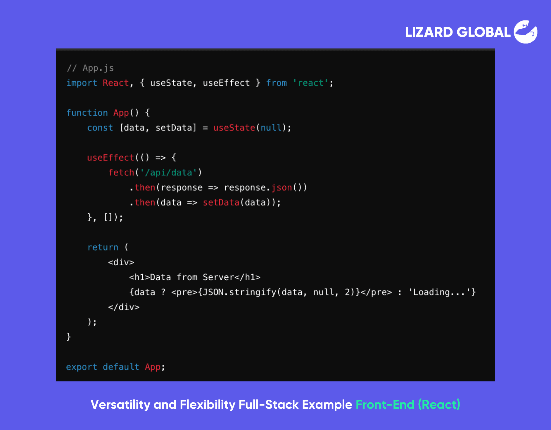Versatility and Flexibility Full-Stack Example Front-End (React) What is JavaScript Used For