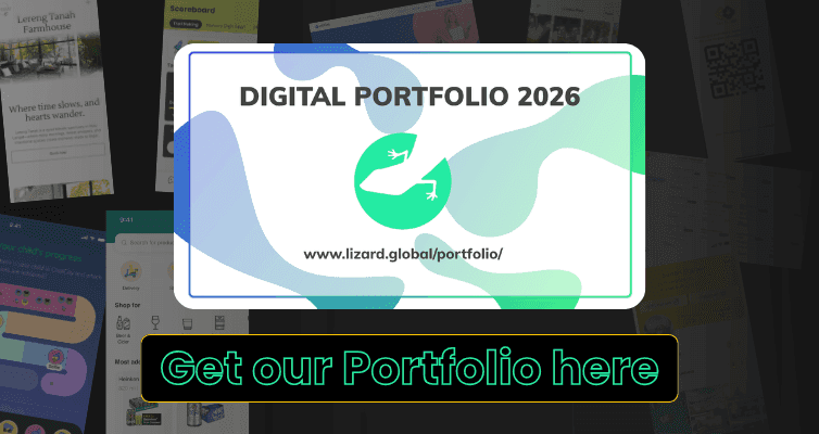 Promotional banner displaying “Digital Portfolio 2026” with Lizard Global logo and website link www.lizard.global/portfolio , over a blurred background of digital product screens and UI designs.