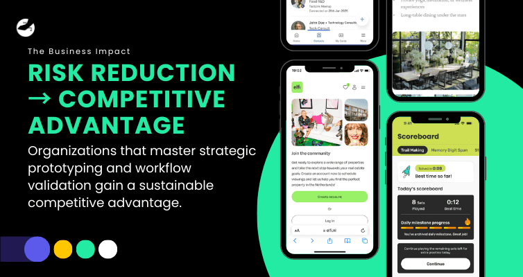 Mobile app interface designs displayed beside headline “Risk Reduction → Competitive Advantage,” emphasizing product risk reduction through workflow validation.