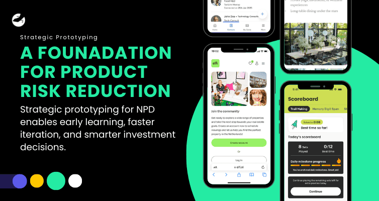 Dark-themed slide showing mobile app screens and headline “A Foundation for Product Risk Reduction,” highlighting strategic prototyping for NPD.