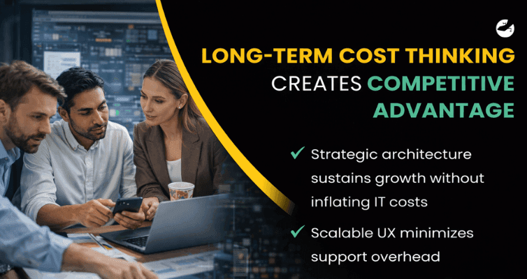 Cross-functional team reviewing performance metrics on laptop and mobile device, emphasizing strategic architecture and scalable UX to reduce operational costs.