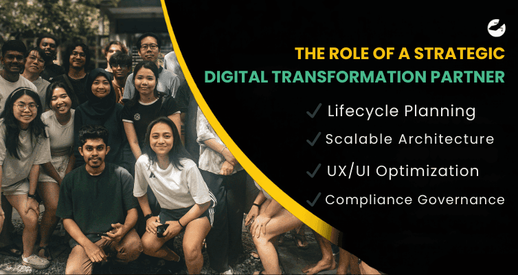 Diverse digital transformation team posing together, representing lifecycle planning, scalable architecture, UX optimization, and governance expertise.