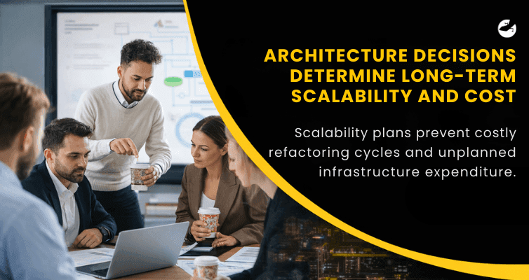 Enterprise team reviewing technical architecture on a laptop during a strategy meeting, highlighting scalability planning and long-term IT cost control.