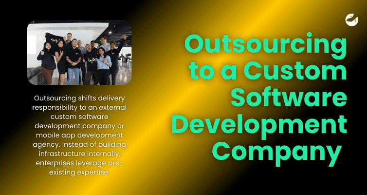 Team collaboration image with bold heading “Outsourcing to a Custom Software Development Company,” illustrating external delivery partnerships for enterprise mobile and web app development.