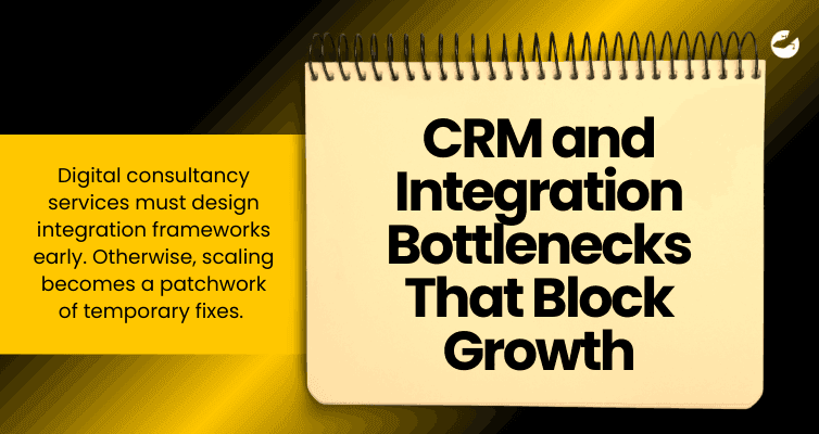 Graphic slide titled CRM and integration bottlenecks that block growth on yellow background.