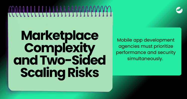 Graphic slide titled marketplace complexity and two-sided scaling risks on green background.