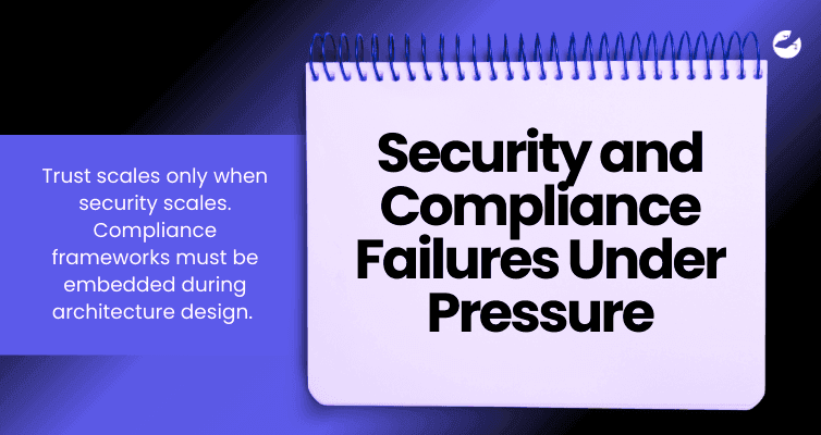 Graphic slide titled security and compliance failures under pressure on purple background.