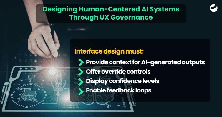 Professional interacting with a digital AI interface showing transparency controls and governance features, illustrating human-centered AI system design.