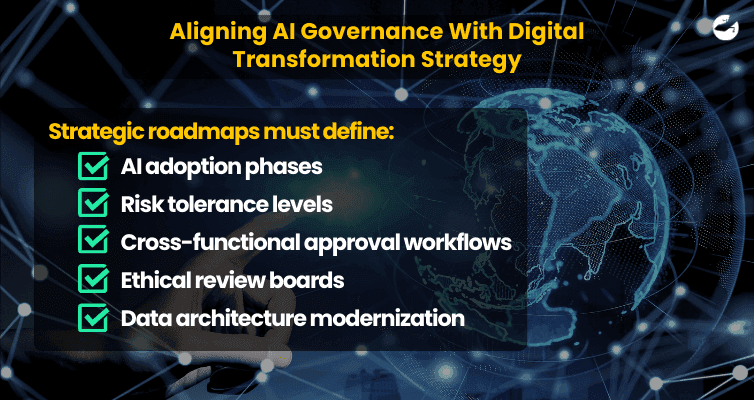 Business leader analyzing global digital network visualization representing strategic AI governance alignment within enterprise digital transformation.