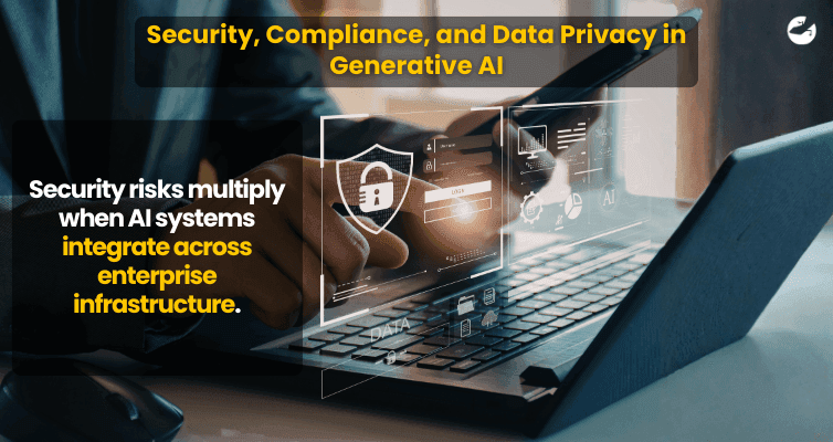 Professional using laptop with cybersecurity shield and AI data overlays illustrating security, compliance, and enterprise data privacy controls in generative AI systems.