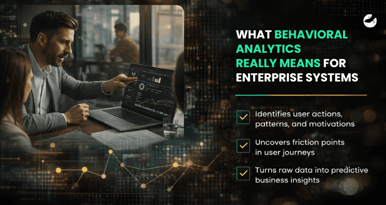 Professional presenting user behavior dashboards on a laptop to a colleague, emphasizing identification of user actions, friction points, and predictive business insights within enterprise systems.