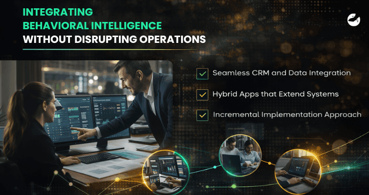 Two professionals reviewing analytics dashboards on dual monitors in a modern office, with highlighted points referencing CRM integration, hybrid app extensions, and incremental system implementation.