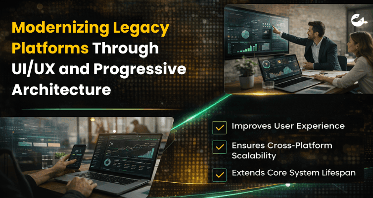 Business professionals reviewing performance dashboards across desktop and mobile devices, illustrating UI/UX improvements and progressive architecture modernizing legacy enterprise platforms.