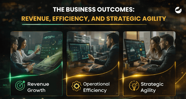 Three business professionals analyzing dashboards on desktop monitors, representing revenue growth, operational efficiency, and strategic agility through behavioral analytics in enterprise systems.