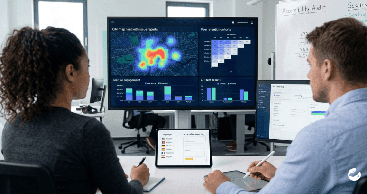 Analysts monitor a dashboard with a heat map, user retention cohorts, and A/B test results. A tablet shows accessibility reporting and language settings.