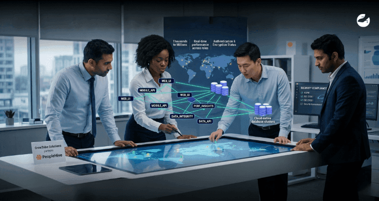 A team gathers around a digital map table discussing cloud-native database clusters, mobile APIs, and real-time performance across global regions.