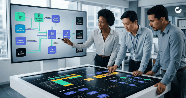 Professionals use a large touchscreen to map out API gateway integrations between ERP, CRM, and legacy database systems for enterprise-level connectivity.