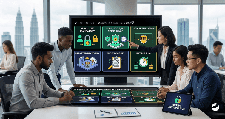 A team discusses enterprise readiness on a screen featuring GDPR compliance, ISO certification, disaster recovery, and audit logging protocols.