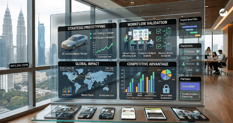 A futuristic transparent display in an office showing strategic prototyping, global impact maps, and competitive advantage charts for continuous innovation.