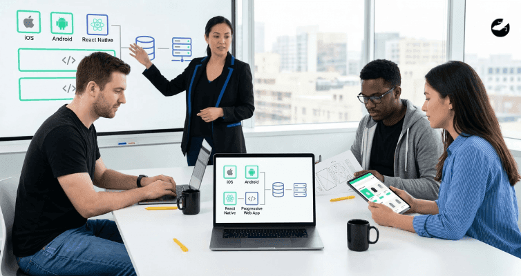 A team discusses cross-platform options on a whiteboard featuring iOS, Android, and React Native icons, focusing on a "fit for purpose" tech stack over unnecessary complexity.