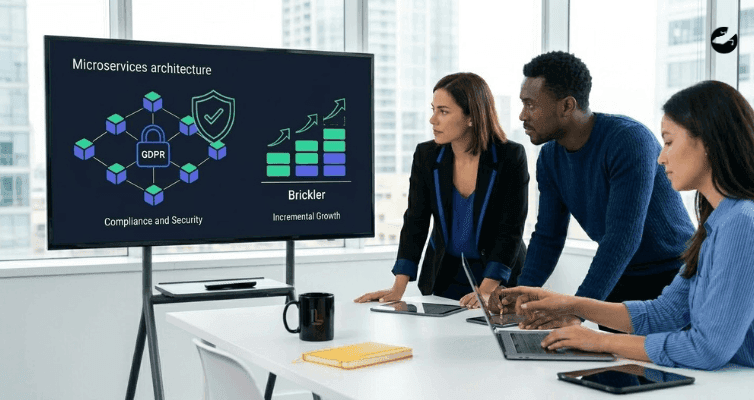 A group reviews a screen showing microservices architecture, a GDPR security lock icon, and incremental growth charts to visualize secure, scalable mobile systems.