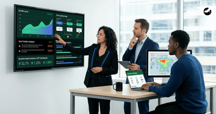 A woman points to a dashboard displaying growth curves, user journey maps, and A/B test results while colleagues observe, emphasizing iterative software improvement.