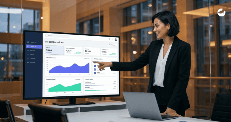 A professional in a suit points to a large "Global Operations" dashboard showing clean data visualizations, growth charts, and predictive metrics in a modern office.