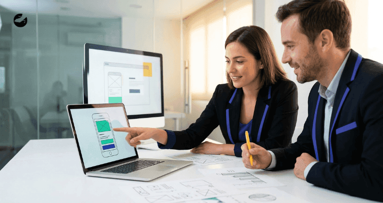 Two professionals review a mobile app wireframe on a laptop. The clean design highlights that enterprise software can be user-friendly rather than clunky.