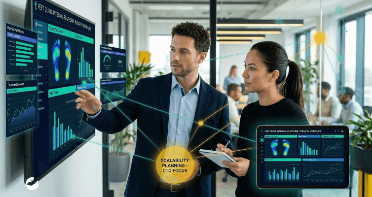 Two professionals discuss a podiatry workflow platform. A glowing "Scalability Planning - CTO Focus" icon sits between the main display and a tablet.