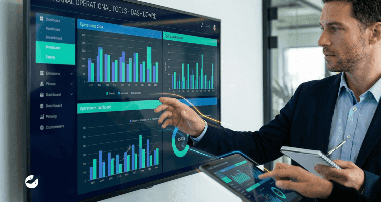 A man reviews an "Internal Operational Tools" dashboard with bar charts and data metrics on a large screen while holding a tablet.