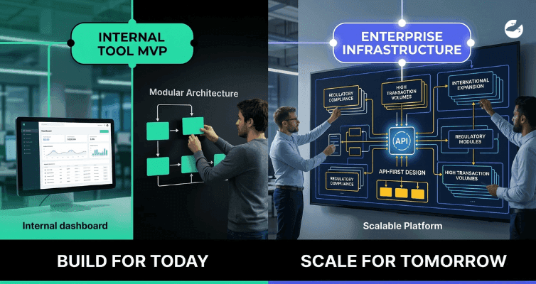Comparison of "Build for Today" (Internal Tool MVP) vs. "Scale for Tomorrow" (Enterprise Infrastructure), featuring modular architecture and API-first design.