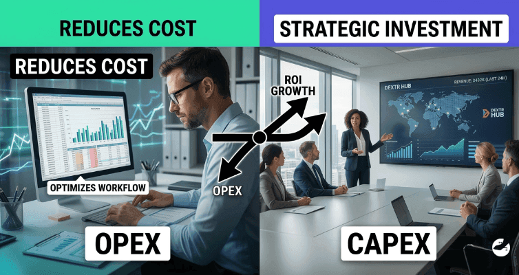 Contrast between OPEX (reducing costs by optimizing workflows) and CAPEX (strategic investment for ROI growth) shown through office and boardroom scenes.