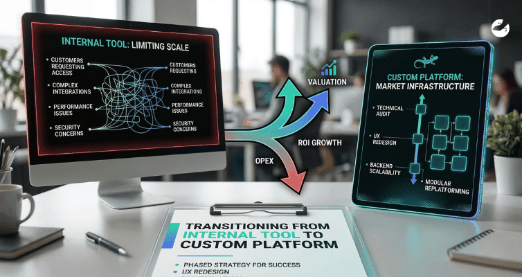 A desktop monitor showing a messy "Limiting Scale" diagram transitions via arrows labeled Valuation and ROI Growth toward a clean "Market Infrastructure" tablet.