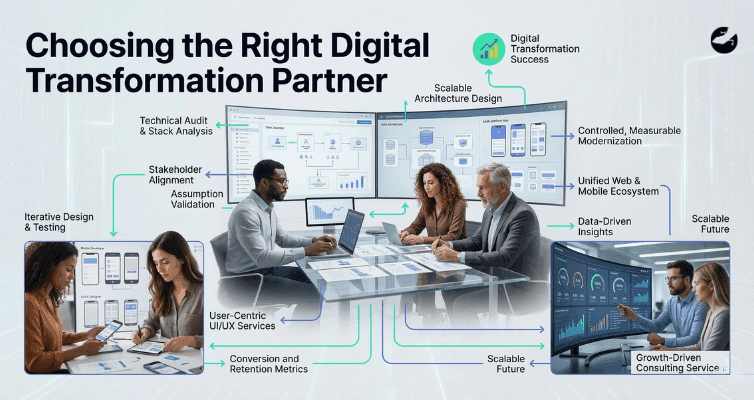 A team collaborates at a workstation surrounded by icons for technical audits, stakeholder alignment, user-centric UI/UX services, and scalable architecture design.