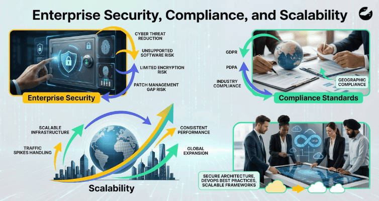 A multi-panel graphic detailing cyber threat reduction, GDPR compliance standards, and scalable global infrastructure for handling traffic spikes.