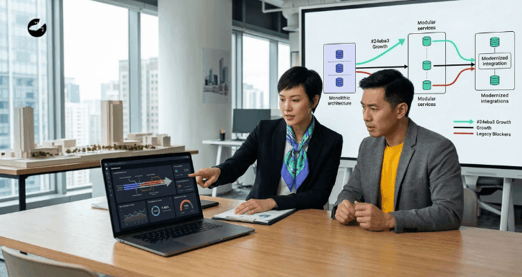 Two professionals analyze a screen comparing monolithic architecture to modular services, identifying "legacy blockers" that hinder modernized integration and growth.