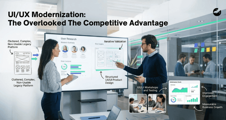 Analysts compare a cluttered legacy platform wireframe to a structured UI/UX design, highlighting measurable business growth and improved user engagement.