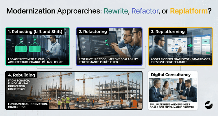 A guide covering four strategies: Rehosting, Refactoring, Replatforming, and Rebuilding, illustrated with data center, coding, and construction imagery.