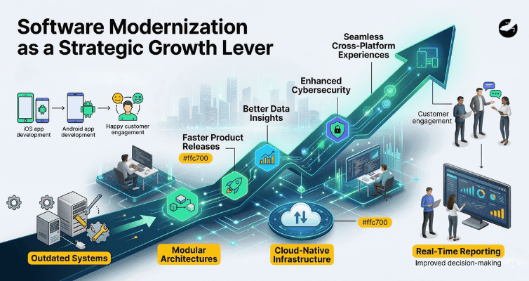 An infographic showing a glowing arrow rising from "Outdated Systems" toward "Cloud-Native Infrastructure," leading to better data insights and seamless cross-platform experiences.